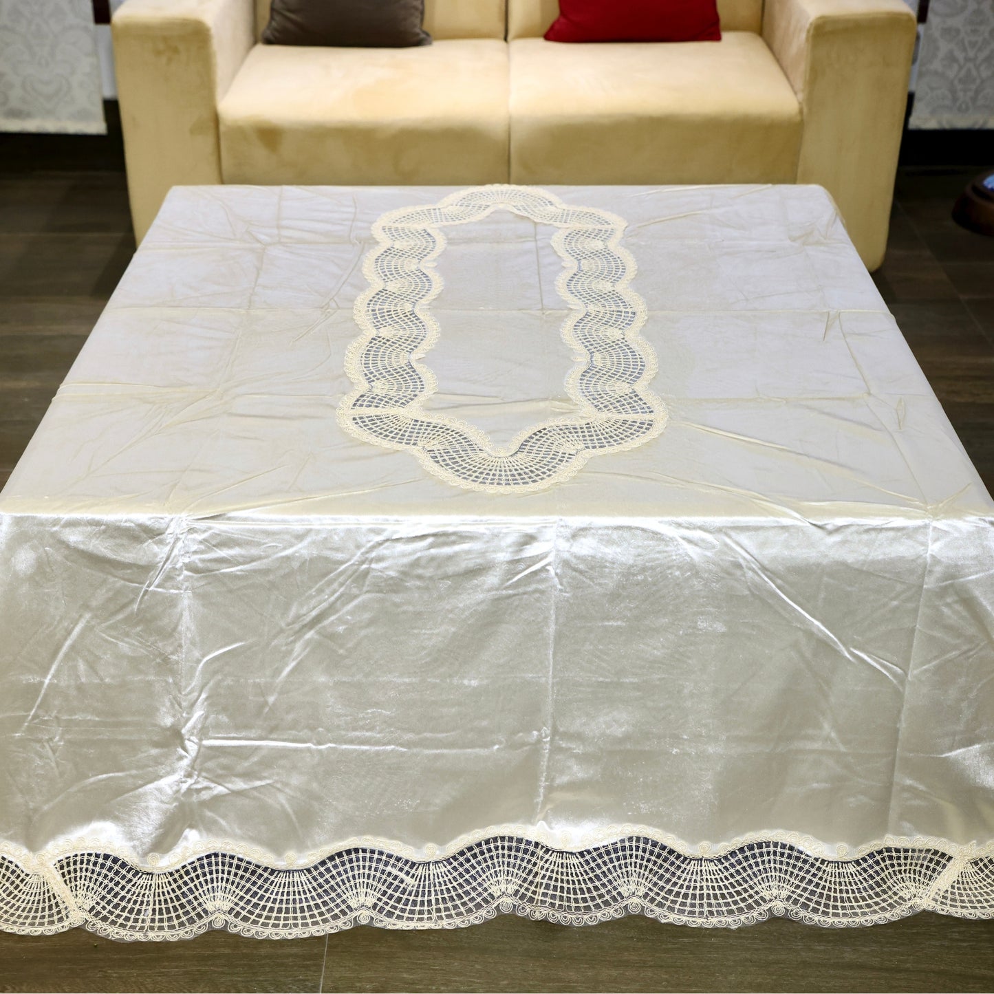 Plush Velvet Tablecloth with Decorative Lace Inlay