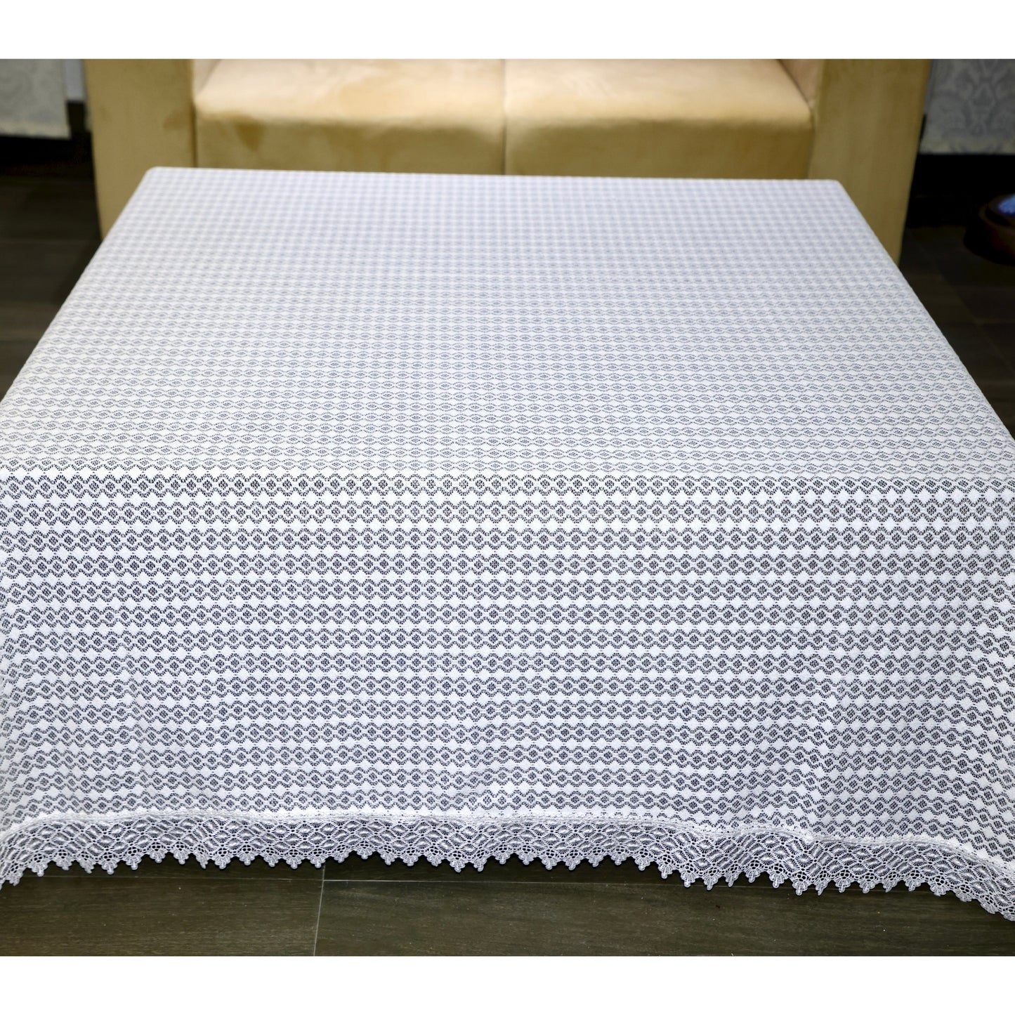 Textured Table Cover - Abstract Geometric Pattern & Lace Edge