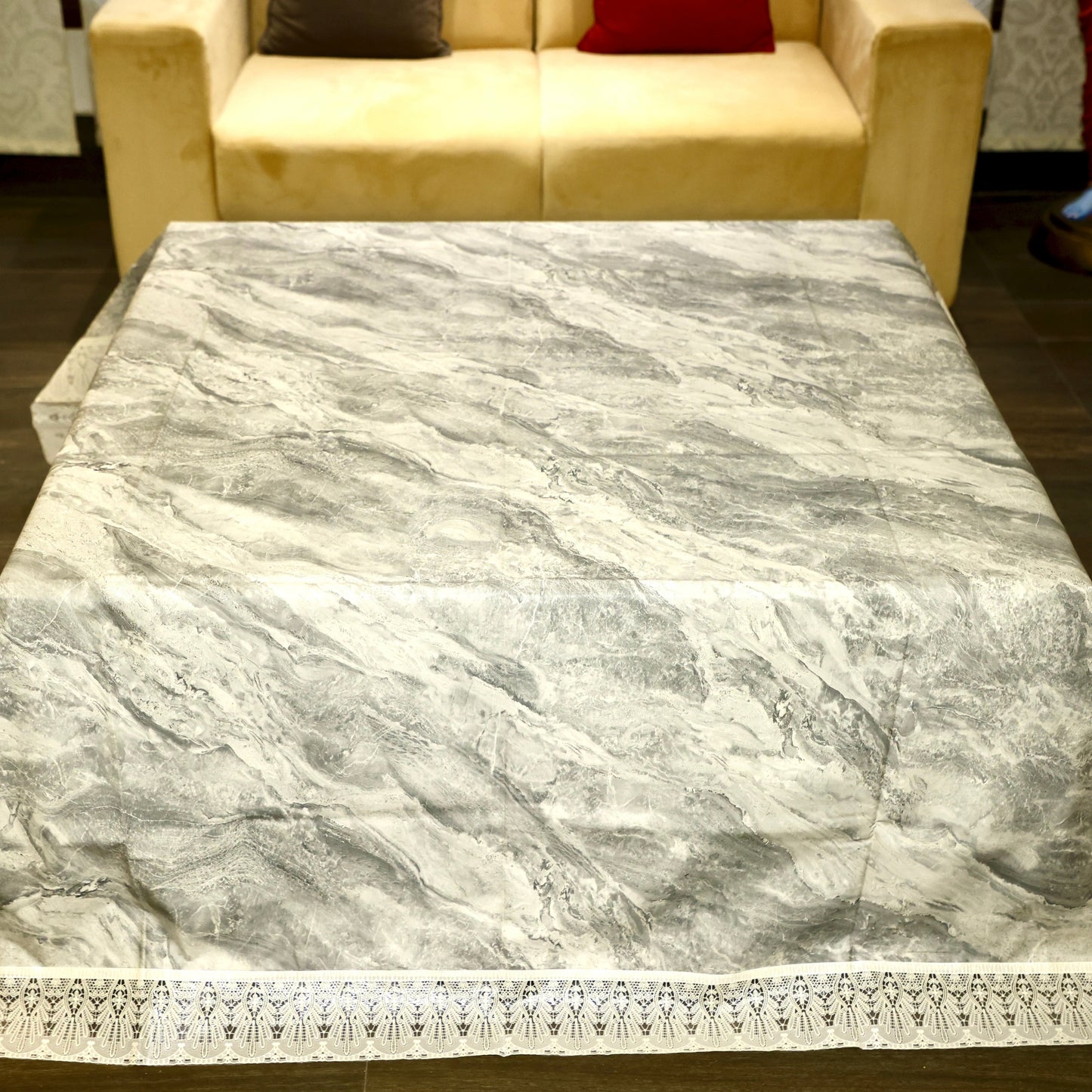 Faux Marble Tablecloth with Lace Edging