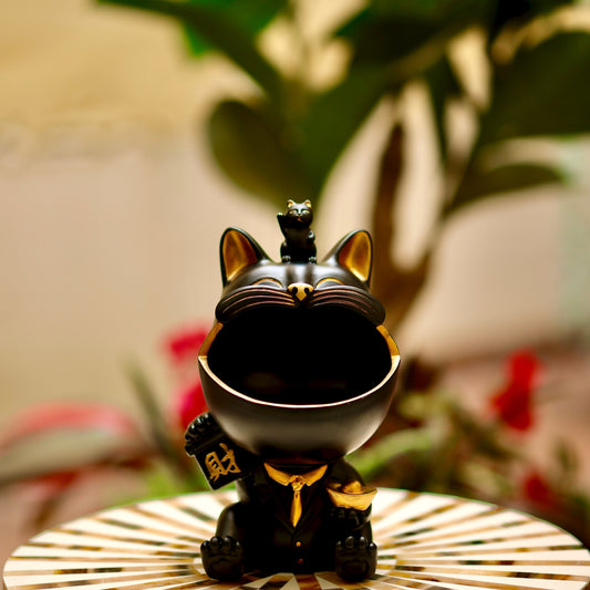 Luxury Black & Gold Lucky Cat Storage Bowl – Elegant Home Decor