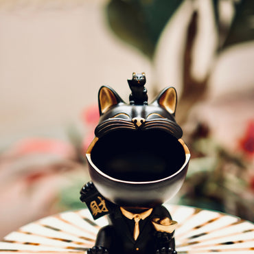 Luxury Black & Gold Lucky Cat Storage Bowl – Elegant Home Decor