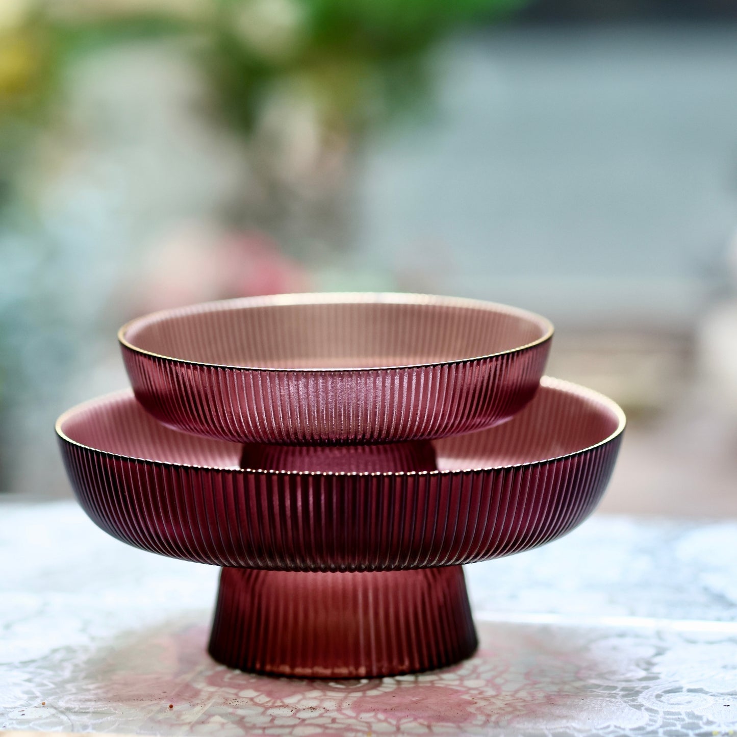 Elegant Ribbed Glass Pedestal Bowl