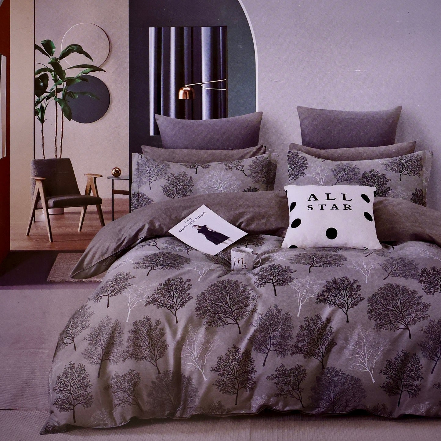 Elegant Monochrome – Tree Patterned Grey Bedsheet Set