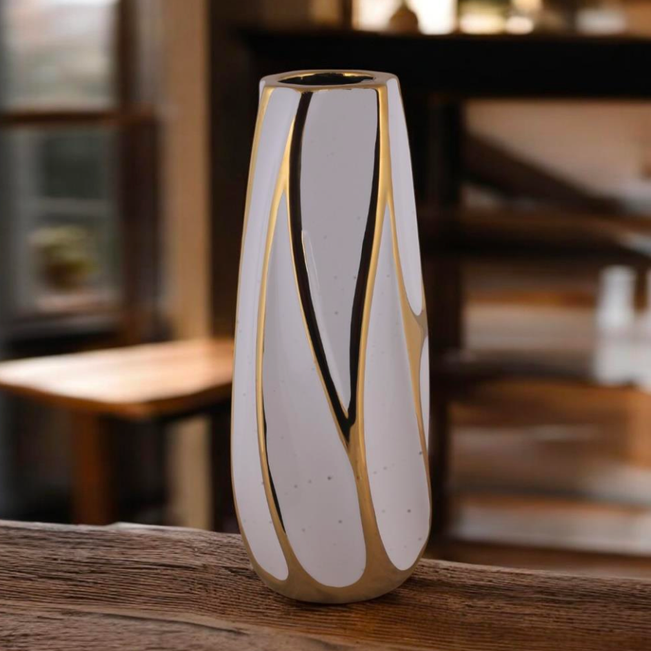 Modern White & Gold Accented Abstract Ceramic Vase