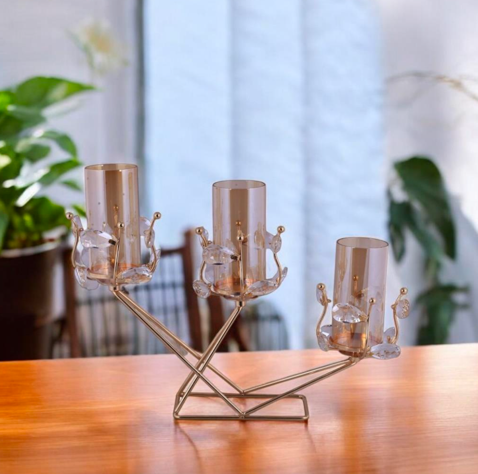 3-Light Geometric Gold Candle Stand