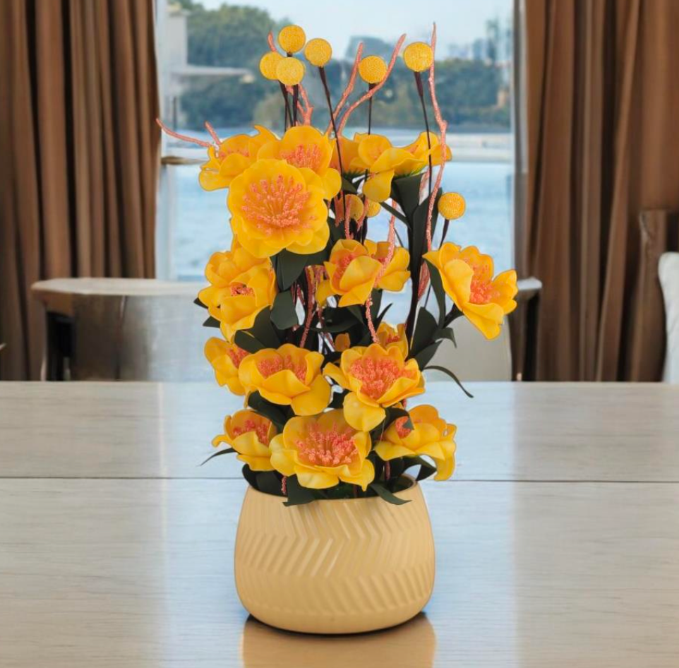 Vibrant Faux Yellow Peony Arrangement in Chevron Planter