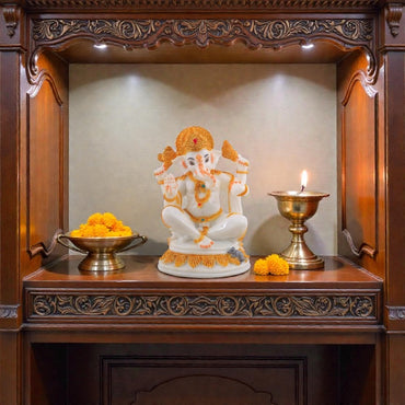 Majestic White & Gold Ganesha Idol - Seated with Mushak