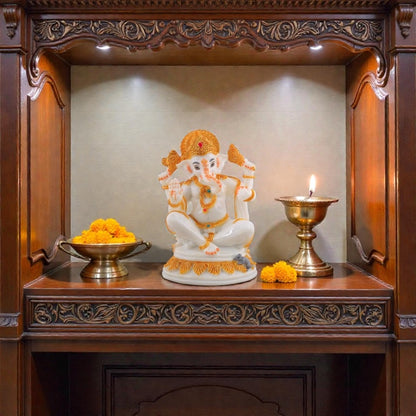 Majestic White & Gold Ganesha Idol - Seated with Mushak