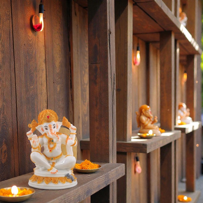 Majestic White & Gold Ganesha Idol - Seated with Mushak