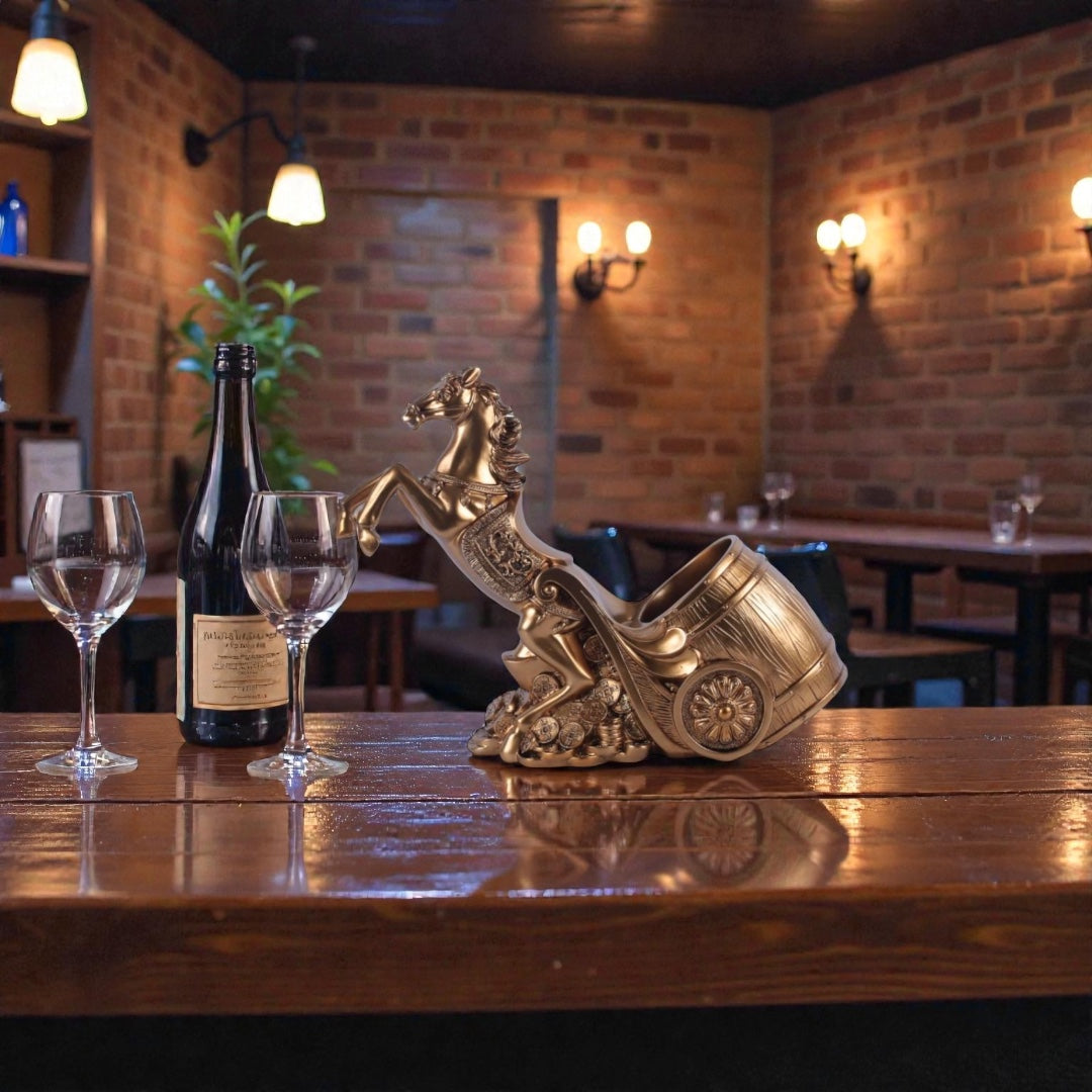 Rearing Horse Wine Holder - Luxury Bronze Barrel & Coins Sculpture