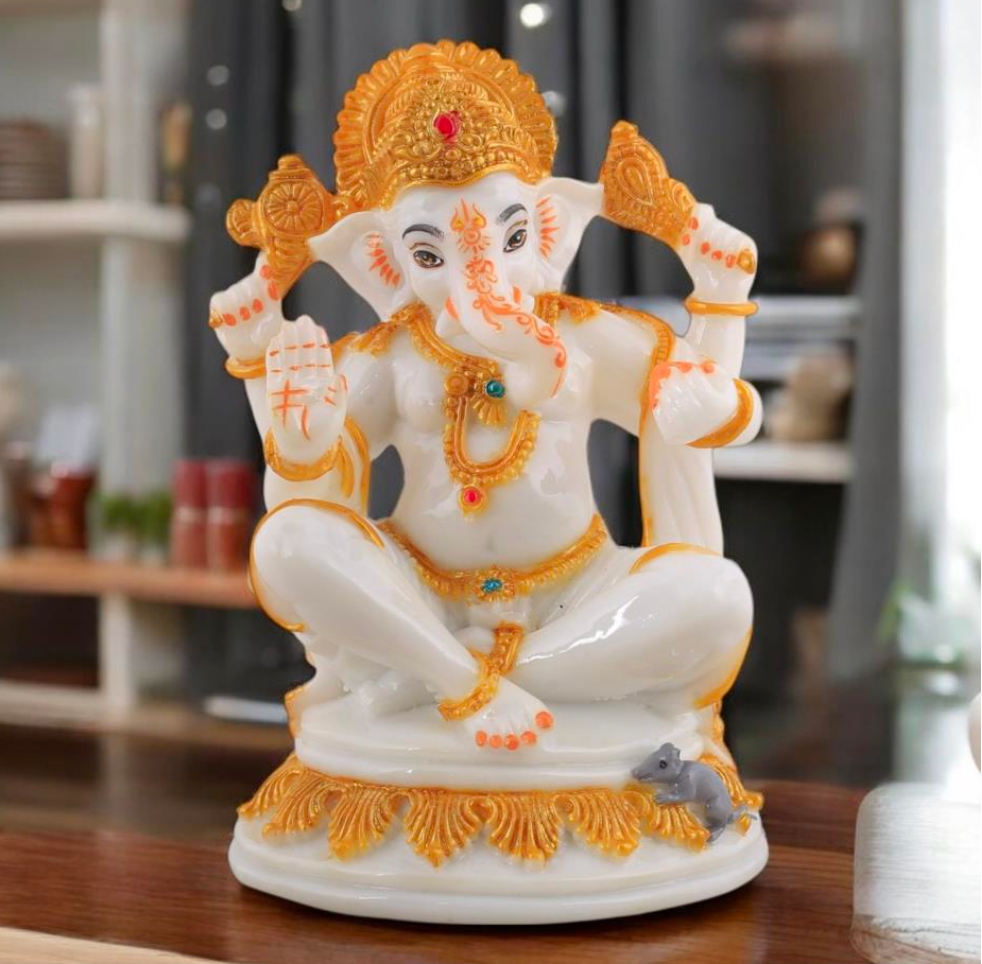 Majestic White & Gold Ganesha Idol - Seated with Mushak
