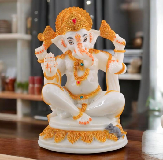Majestic White & Gold Ganesha Idol - Seated with Mushak