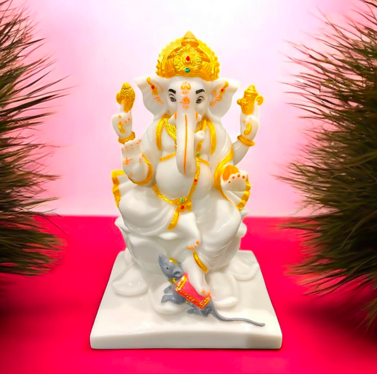 Majestic White & Gold Ganesha Idol on Base with Mushak