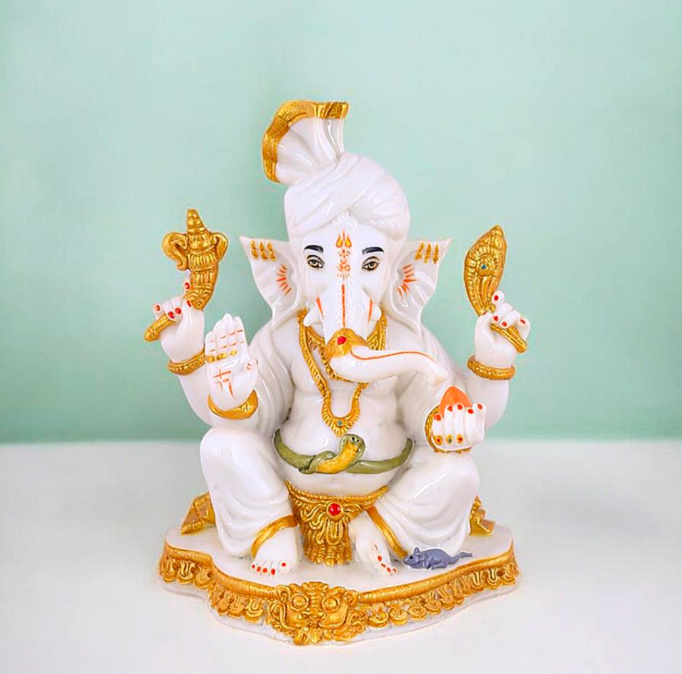White Marble Dust Ganesha Idol with Turban and Gold Accents