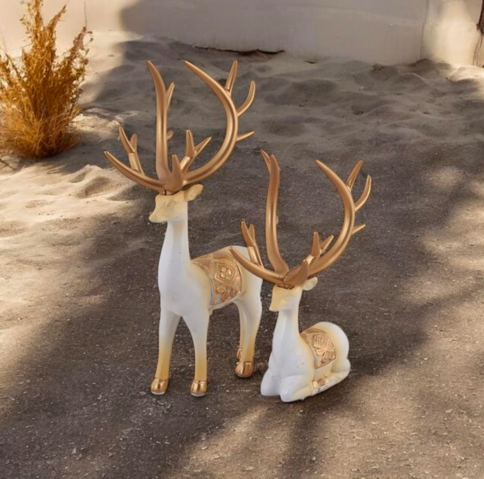 White & Gold Deer Pair - Ornate Standing and Sitting Figurines