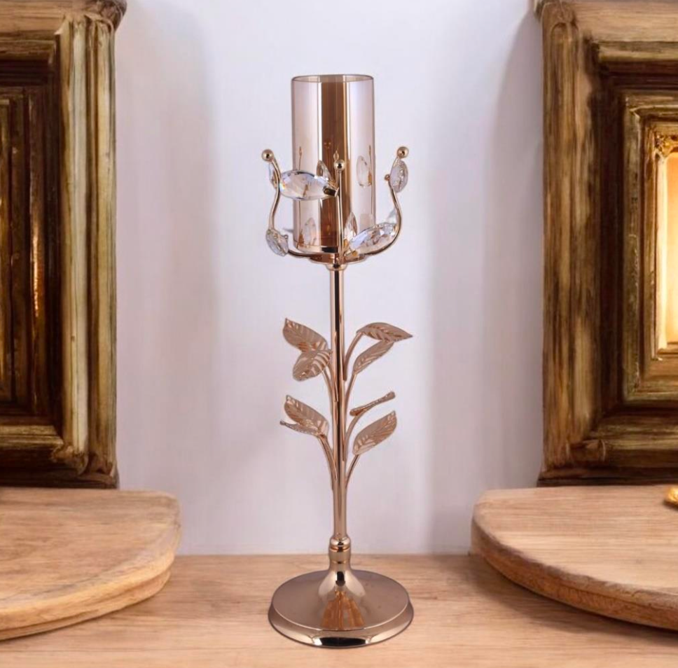Rose Gold Stem Pillar Candle Holder with Crystal Flower Accents