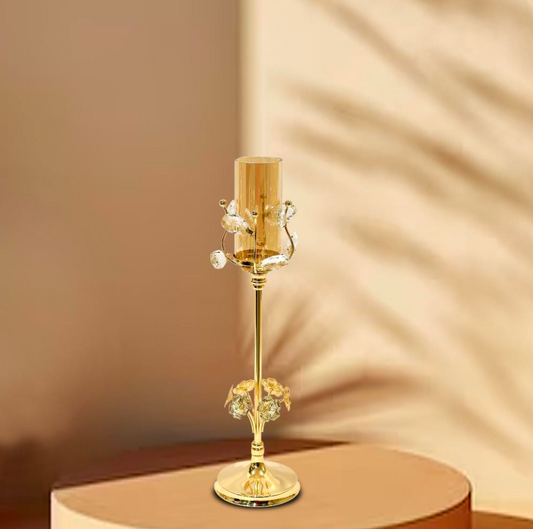 Glam Gold Pillar Candle Holder with Crystal Accents