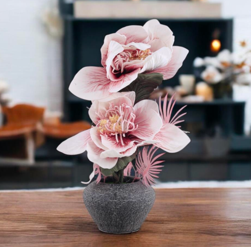 Faux Pink Artificial Peony Flower Arrangement in Textured Stone Pot
