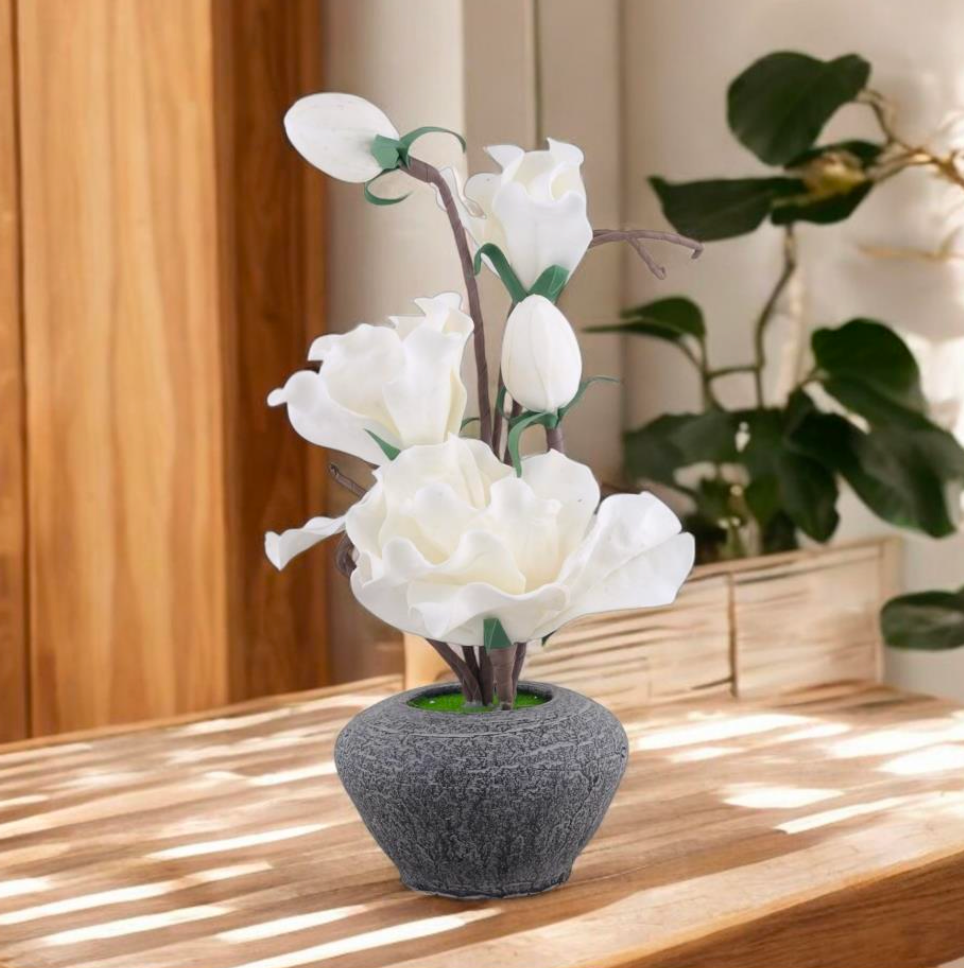 Faux White Magnolia Blooms in Textured Stone Pot