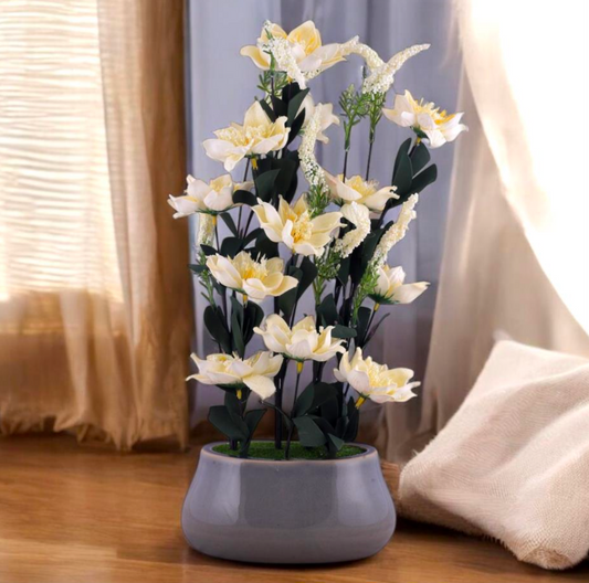 Faux White Magnolia Artificial Flower in Grey Planter