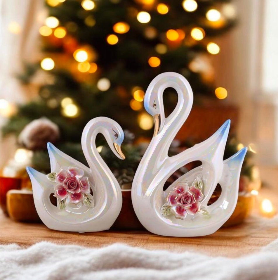 Iridescent Ceramic Swan Pair with Pink Rose Accents