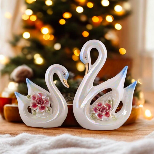 Iridescent Ceramic Swan Pair with Pink Rose Accents